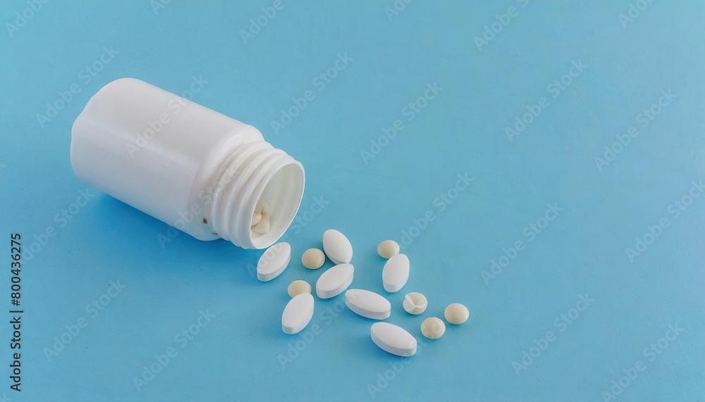 Pharmaceutical medicine pills and capsules spilling out of pill bottle on blue background