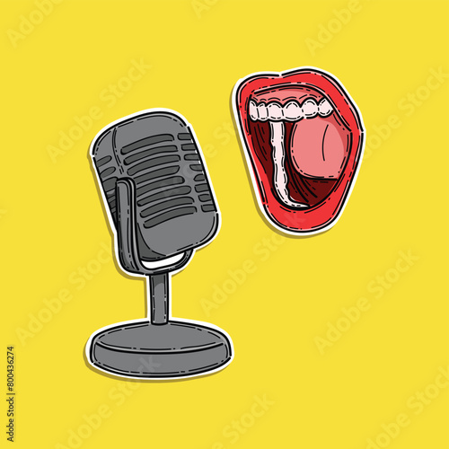 Pop art collage with microphone and grunge singer. Club party poster, karaoke, magazine. Lips and microphone. Lips singing into microphone. Podcast illustration design vector