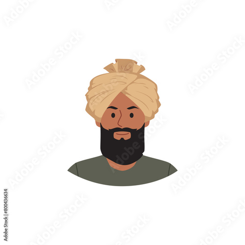 Vector icon with a man with a beard and mustache in a traditional turban on a white background.
