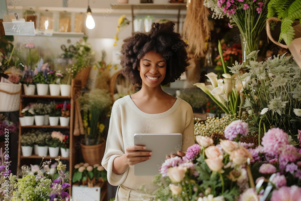 cheerful woman stands amidst her flower shop, tablet in hand, as she confidently checks the real-time inventory, conveying efficiency and modernity. cheerful woman stands amidst her flower shop, tablet in hand, as she confidently checks the real-time inventory, conveying efficiency and modernity.