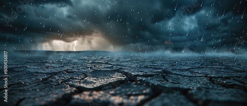 Moody 3D scene of the first raindrops hitting dry, cracked earth, creating a dynamic clash of elements under a dark, stormy sky,