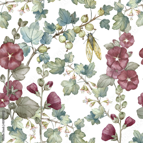 Floral watercolor seamless pattern with garden plants, mallows, gooseberries and cicadas.