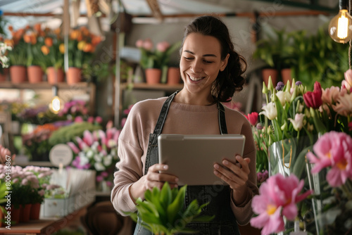 focused shot of moment of productivity, a woman busily attends to her flower shop's inventory on her tablet, her smile reflecting satisfaction in the efficiency of her operations, © forenna