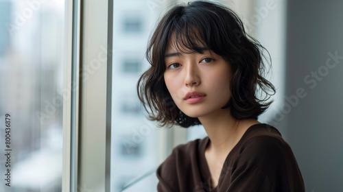 a young Asian woman in a black sweatshirt against the background of a window and a brick wall with a serious face