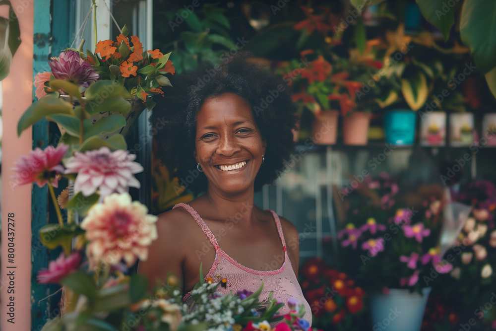 Standing in front of her flower shop, a woman's smile shines brightly, symbolizing the passion and dedication she pours into her floral business,