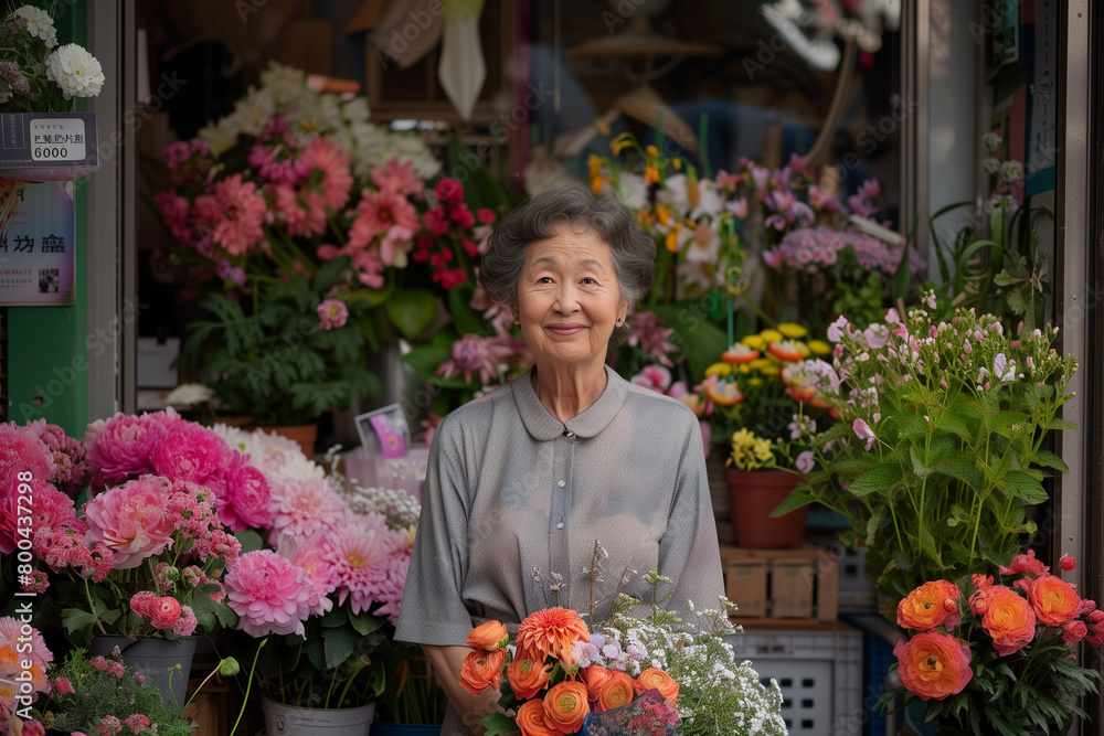 A woman stands gracefully outside her flower shop, her smile mirroring the beauty of the blossoms behind her, inviting passersby to discover the wonders within,