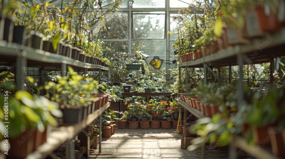 A greenhouse filled with plants and potted plants. The plants are arranged in rows and are of various sizes. The atmosphere is calm and peaceful, with the sunlight shining through the glass walls A greenhouse filled with plants and potted plants. The plants are arranged in rows and are of various sizes. The atmosphere is calm and peaceful, with the sunlight shining through the glass walls