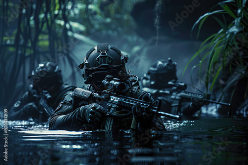 special forces team in black wetsuits and full face masks with tactical night vision photo