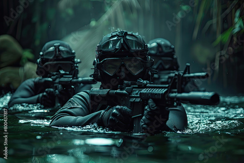 special forces team in black wetsuits and full face masks with tactical night vision