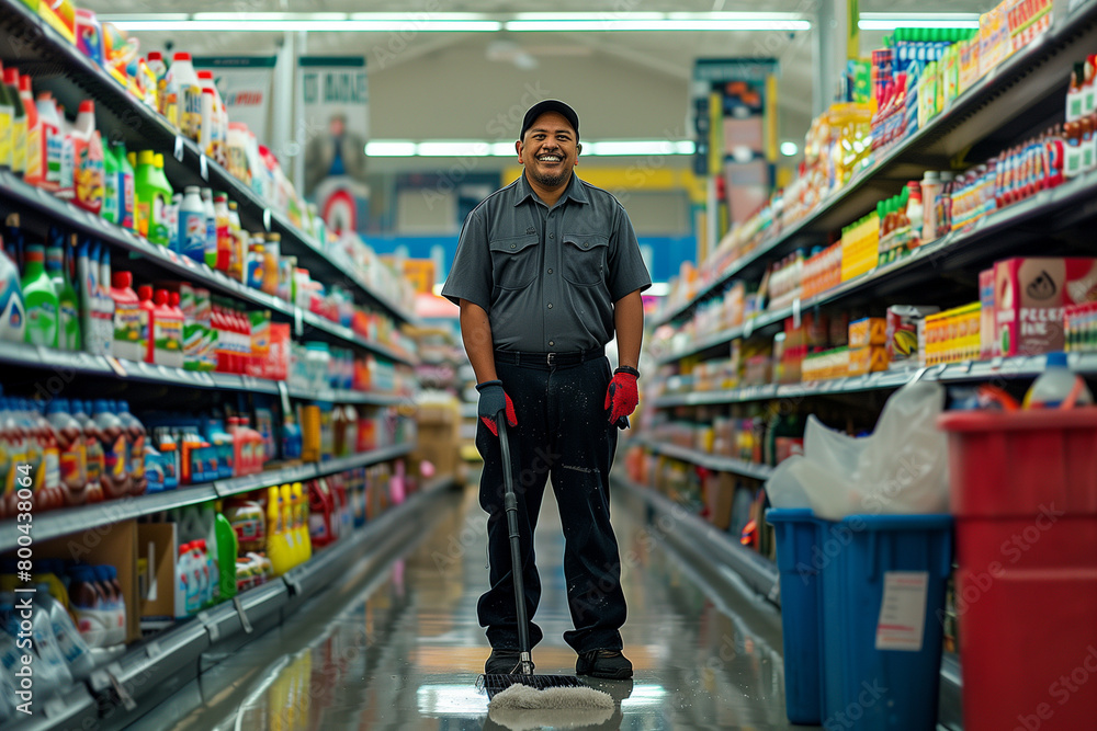 Against the backdrop of gleaming aisles, a smiling American supermarket janitor proudly maintains cleanliness, exuding positivity in every sweep,