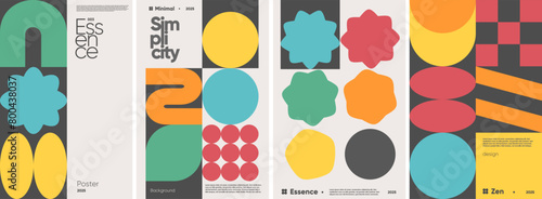 Series of four minimalist typographic posters with abstract shapes and a limited color palette, reflecting modern design trends. photo