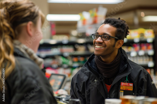 heartwarming photo scene unfolds as an American supermarket cashier  with a genuine smile  engages customers with warmth and professionalism at the checkout counter 