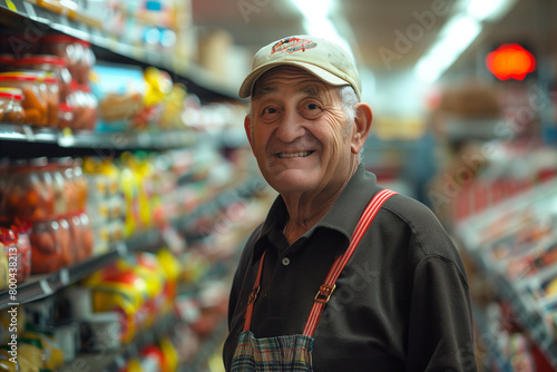 photo In the quiet moments between shoppers, a cheerful American supermarket janitor smiles brightly, a testament to their dedication in keeping the store immaculate,