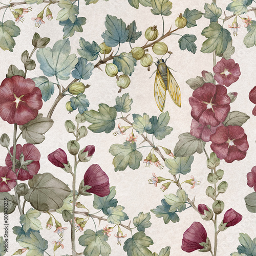 Floral watercolor seamless pattern with garden plants  mallows  gooseberries and cicadas.