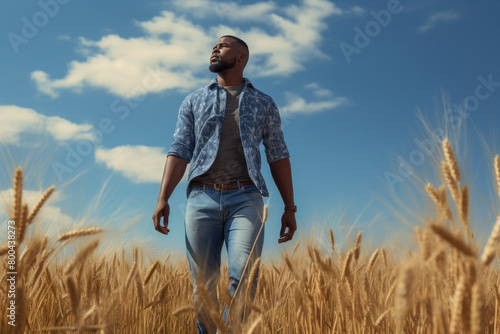 Young man walking in wheat agriculture field. © Neha