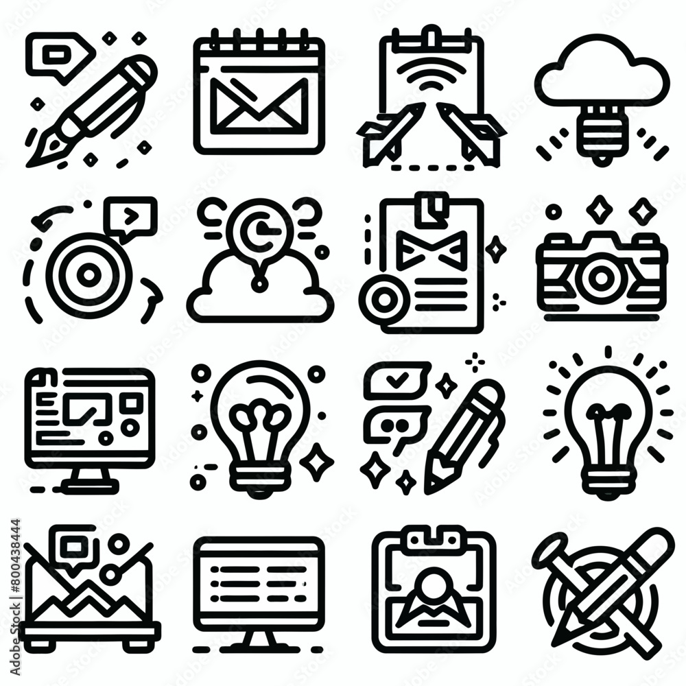 outline content creation set icon silhouette vector illustration white background, content creation, media. Linear icon collection. Editable stroke