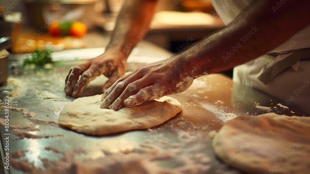 Hands kneading dough on a floured surface