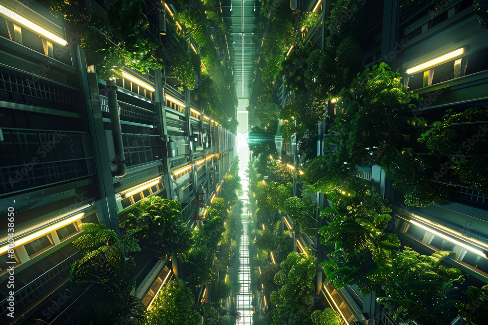 Obraz premium Step into the future of farming with a visually stunning portrait of a vertical farm enveloped in the gentle glow of LED lighting, a revolutionary concept merging innovation and ec