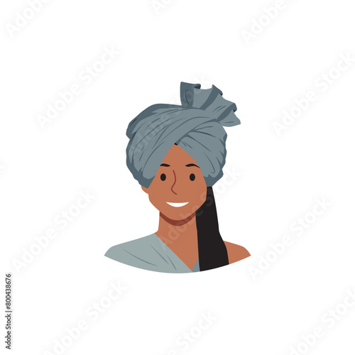 Vector illustration in cartoon style with a young girl in a traditional African blue turban
