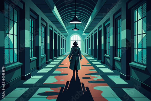 A man in a trenchcoat walks through an abandoned house, cartoon detective style. Vector illustration