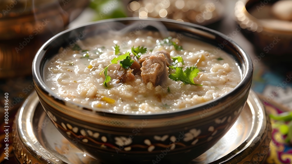 Hearty bowl of rice porridge garnished with cilantro Hearty bowl of rice porridge garnished with cilantro