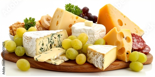 a variety of cheeses and grapes on a wooden platter with a white background