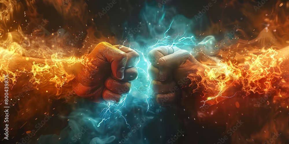 Two fists lighting and fire confrontation, abstract conflict and war concept Two fists lighting and fire confrontation, abstract conflict and war concept