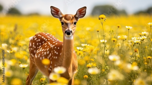 fawn standing amidst yellow flowers in a field