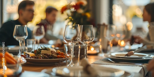 a table with a plate of food and wine glasses on it with people sitting around it and candles in the background