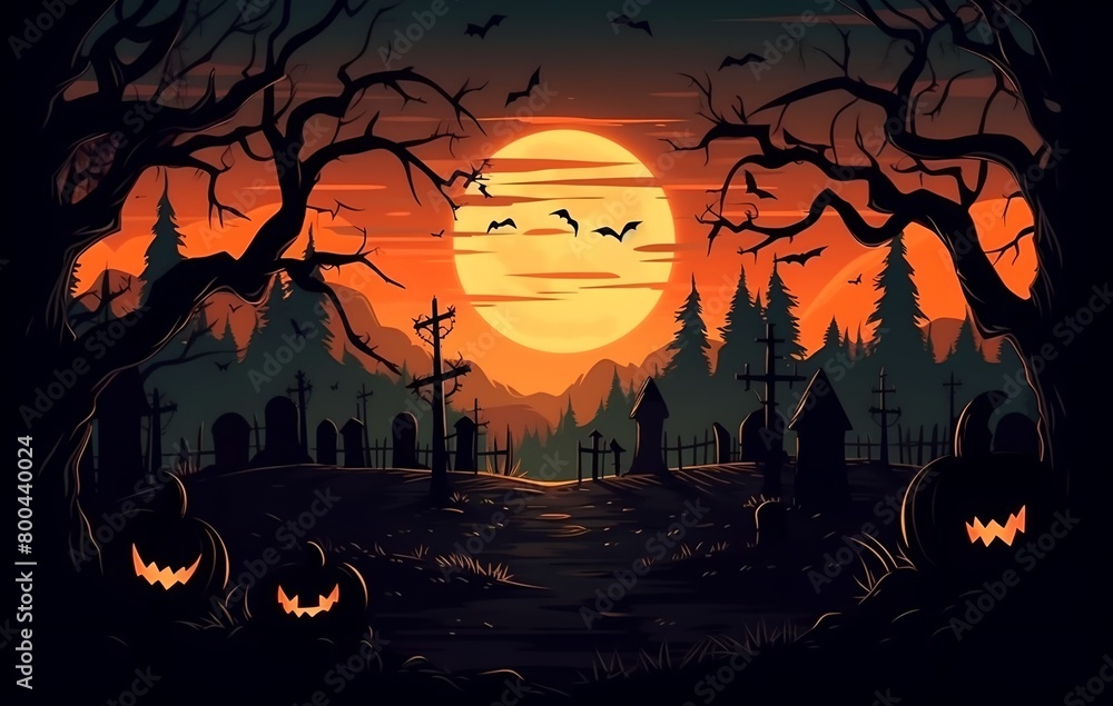 a halloween scene with pumpkins and bats in the foreground and a full moon in the background with trees and a cemetery..