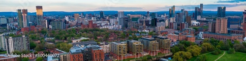 Wide Panoramic aerial image of Salford and Manchester Skyline taken above river Irwell