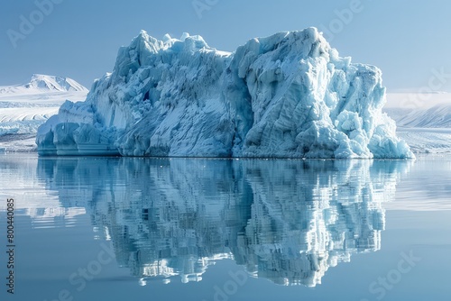 A large ice block is floating in the ocean. The water is calm and the ice is reflecting the sky photo