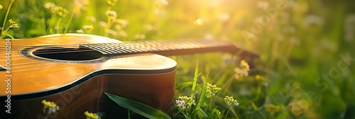 a guitar sitting in the grass with the sun shining on it's back side photo