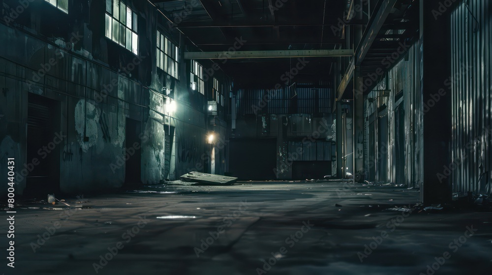warehouse interior set at night with a dark grungy atmosphere warehouse interior set at night with a dark grungy atmosphere
