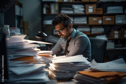 A man is sitting at a desk with a pile of papers in front of him