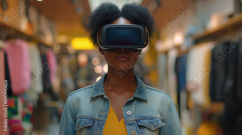Black Woman Using Virtual Augmented Reality Headset for Online Shopping with 3D Avatar, Browsing Clothing items. Ordering from Mock-up Internet App for e-Commerce, e-Shopping, e-Store products © MauriceNo