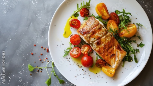 healthy homemade food with salad on a plate with a neutral background, professional setting