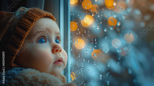 Baby gazing out a window at the world, full of innocent curiosity. photo