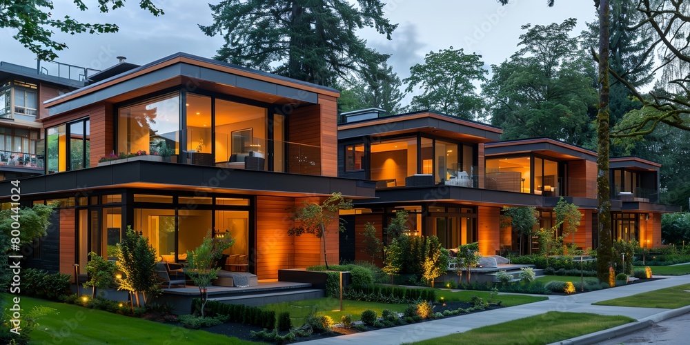 a large house with a lot of windows and lights on it's sides and a lot of trees and bushes