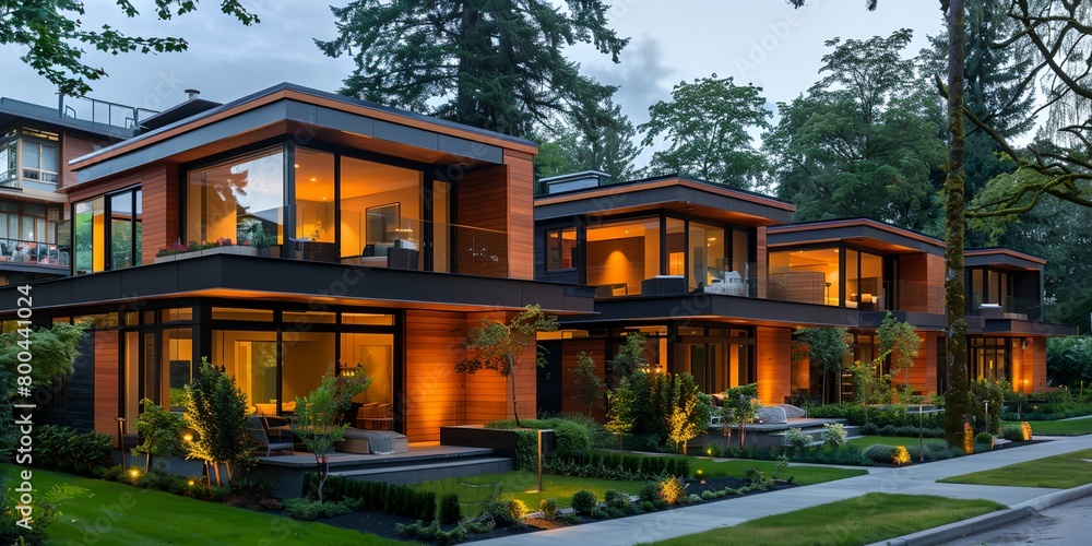 Obraz premium a large house with a lot of windows and lights on it's sides and a lot of trees and bushes