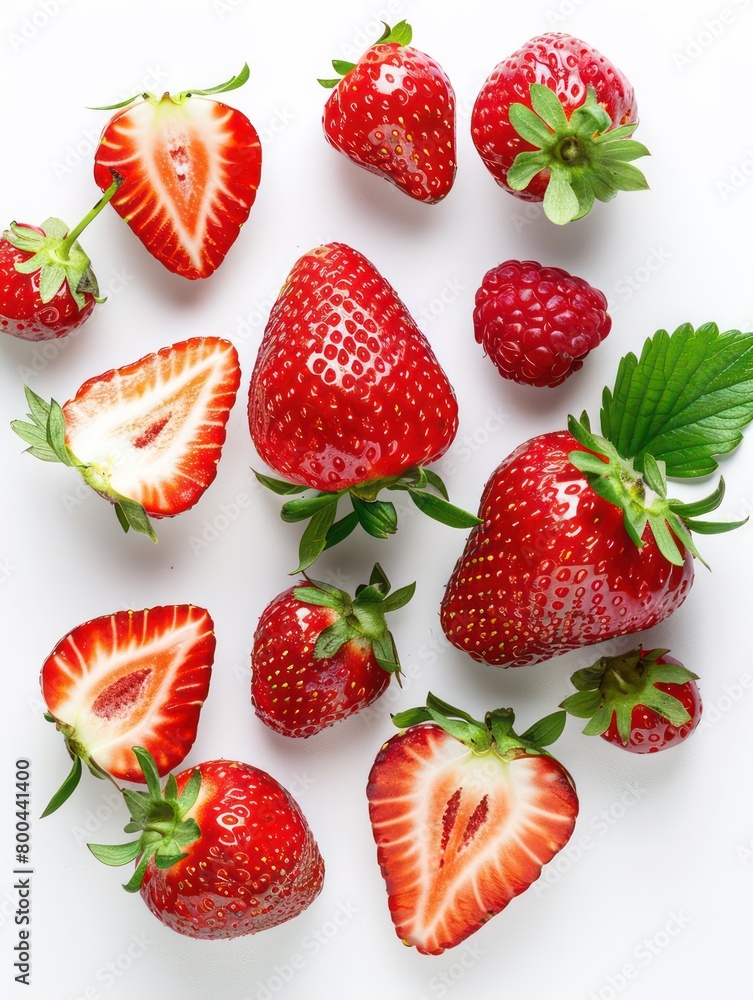 strawberries head-up background with some cut in half and isolated on a white background strawberries head-up background with some cut in half and isolated on a white background