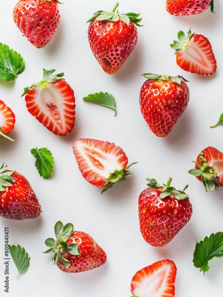 strawberries head-up background with some cut in half and isolated on a white background strawberries head-up background with some cut in half and isolated on a white background