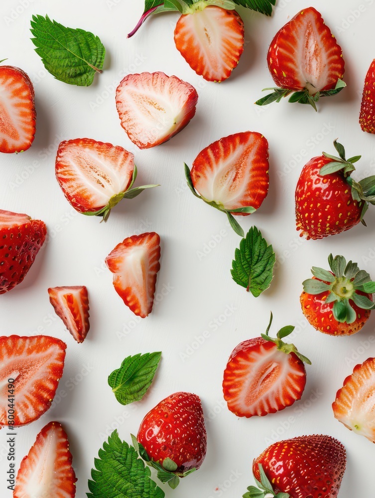 strawberries head-up background with some cut in half and isolated on a white background strawberries head-up background with some cut in half and isolated on a white background
