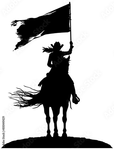 Silhouette of a cowgirl and horse on a hill holding a flag in the wind 
