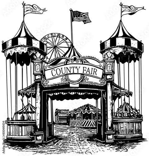 Illustration in black of a County Fair entrance, isolated 