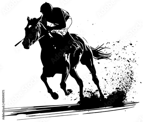 Horse and Jockey silhouette racing with mud splashing 