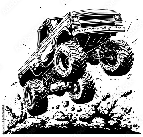 Cartoon illustration in black of a Monster Truck jumping in the air and splashing mud, isolated 
