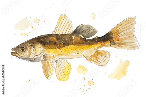 Minimalistic watercolor of a Walleye on a white background, cute and comical. photo