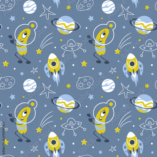 Space trip. Green alien in a spacesuit that looks like plankton or a microbe. Flying saucer  rocket and comets  meteorite and stars. Cute seamless pattern  Scandinavian style. For wallpaper  wrapping