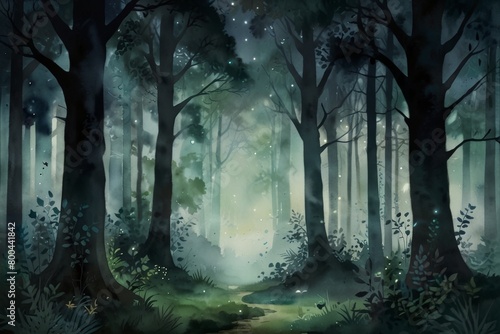 Fantasy forest with fog and trees. Digital watercolor painting. #800441842
